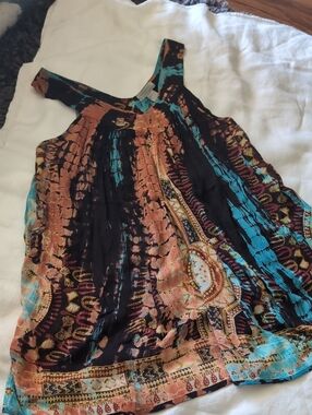 Cost Plus World Market Black, Turquoise & Copper Boho Print Tank
